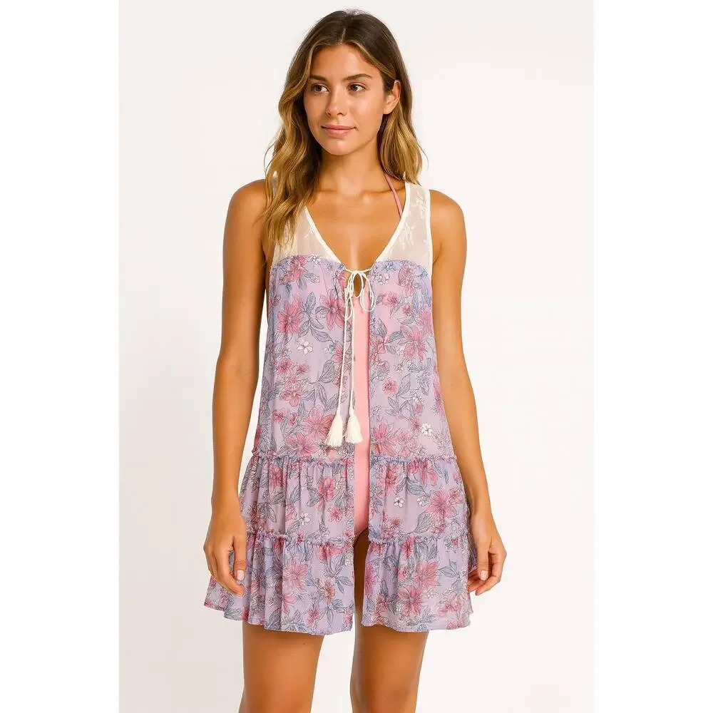 Coquette Floral Sheer Ruffle Dress Cover Up Romantic Beach Resortwear Large